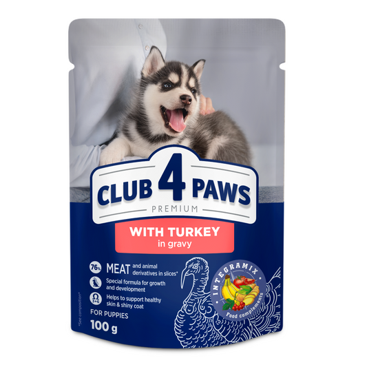 CLUB 4 PAWS Premium visavertis konservuotas maistas šuniukams su kalakutiena padaže, 100 g x 24 vnt