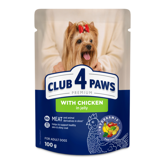 CLUB 4 PAWS Premium visavertis konservuotas maistas suaugusiems šunims su vištiena drebučiuose, 100 g x 24 vnt