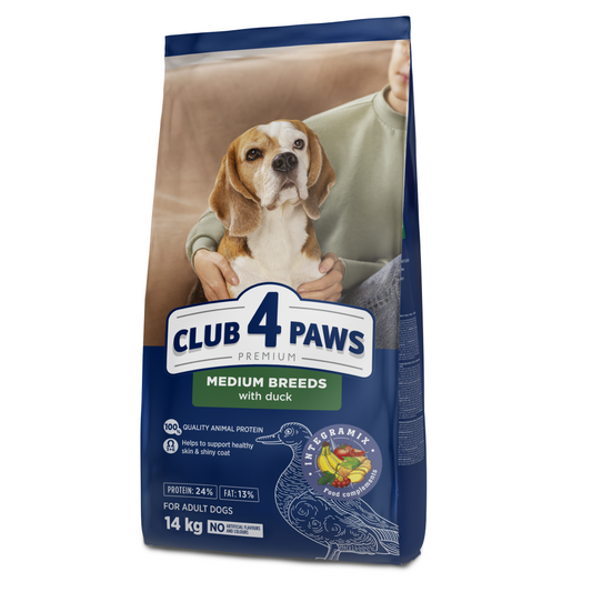 CLUB 4 PAWS Premium visavertis sausas maistas suaugusiems vidutinių veislių šunims su antiena, 14 kg