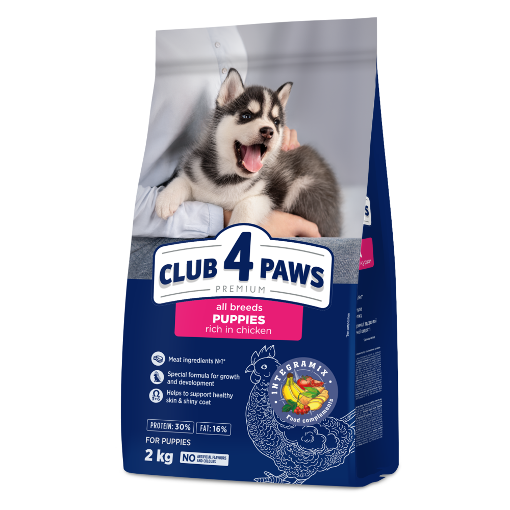 CLUB 4 PAWS Premium visavertis sausas maistas visų veislių šuniukams su dideliu kiekiu vištienos