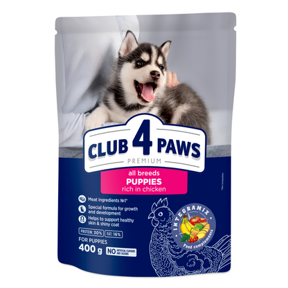 CLUB 4 PAWS Premium visavertis sausas maistas visų veislių šuniukams su dideliu kiekiu vištienos