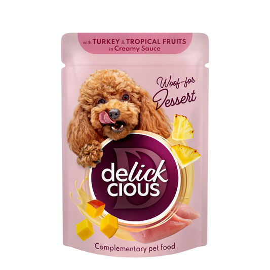 Delickcious™  „Dribsniai su kalakutiena ir tropiniais vaisiais kreminiame padaže“ Konservuotas maistas suaugusiems šunims, 0,08 kg x 12