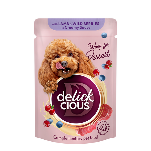 Delickcious™ „Dribsniai su ėriena ir miško uogomis kreminiame padaže“. Konservuotas maistas suaugusiems šunims, 0,08 kg x 12