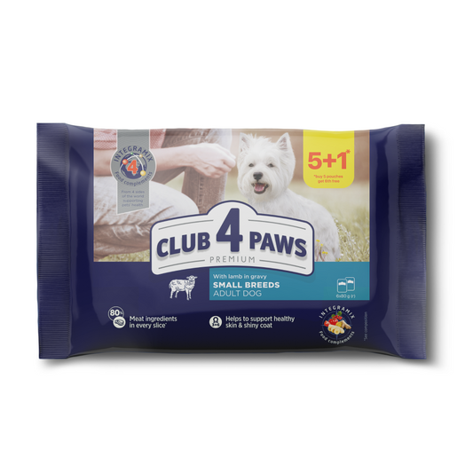 CLUB 4 PAWS Premium visavertis konservuotas maistas suaugusiems, mažos veislės šunims su ėriena padaže, 100 g x 24 vnt