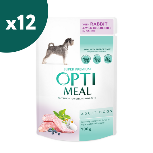 OPTIMEAL™. Visavertis konservuotas maistas suaugusiems šunims su triušiena ir mėlynėmis padaže, 100 g x 12