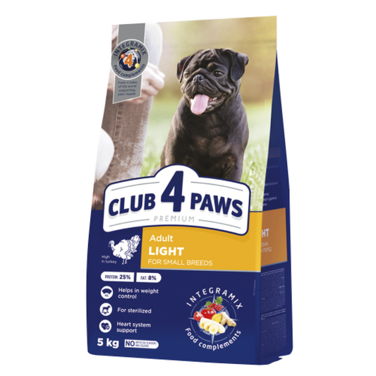 CLUB 4 PAWS Premium visavertis sausas maistas suaugusiems, mažų veislių, sterilizuotiems ir turintiems polinkį į nutukimą šunims su dideliu kiekiu kalakutienos „LIGHT“, 5kg